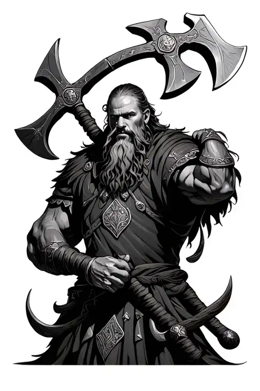 Viking Warrior Holding Two Cross -Shaped Axes Around The Neck