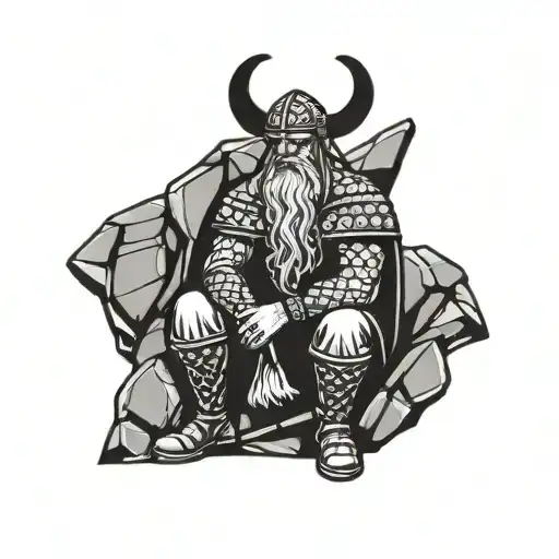 Sad Viking Without Helmet Sitting Alone On A Stone Without Helmet
