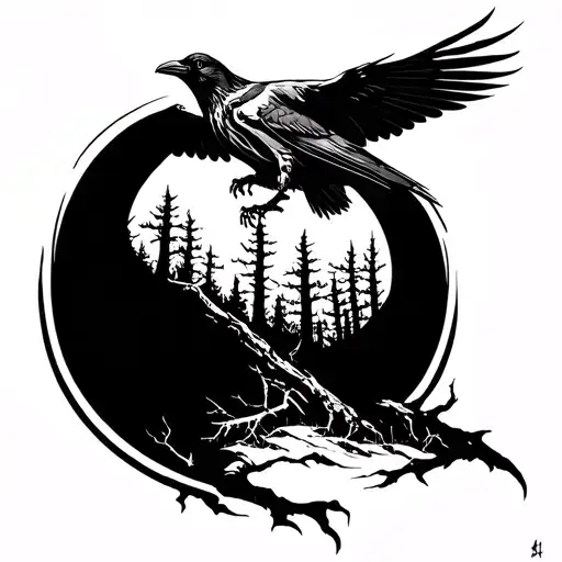 A Mechanical Crow Flying Through A Forest Of Skeletal Trees