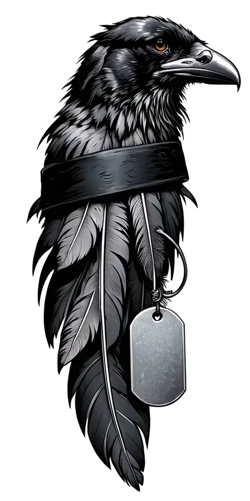 Raven Feathers And Dog Tags With A Black Band At The Top And Bottom