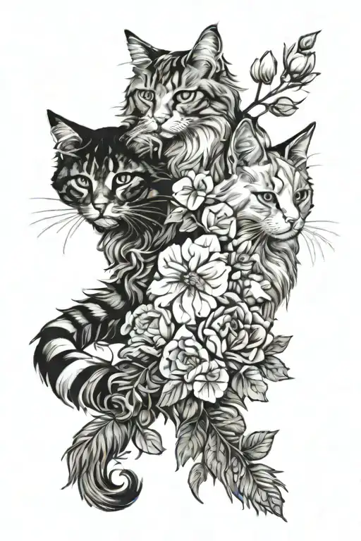 Maine Coon And White Cat In Flowers