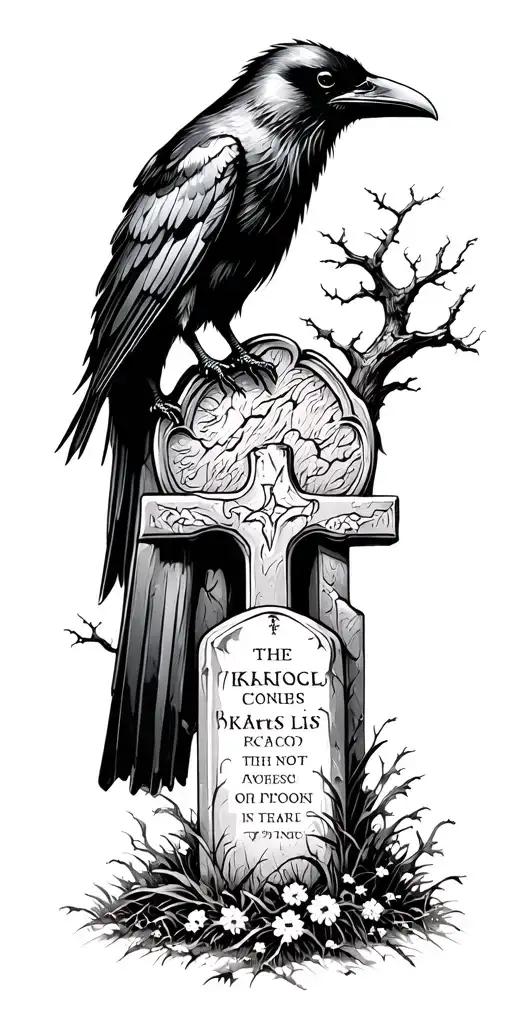 Raven In Cemetery Scene With Tombstones