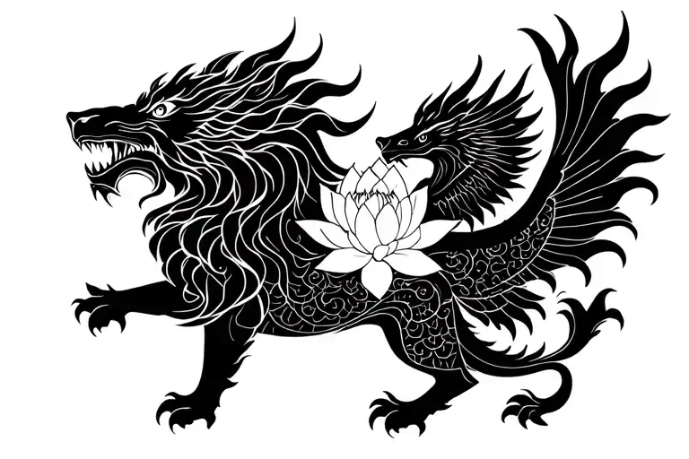 Lotus Flower Lion Dragon And Phoenix Rising