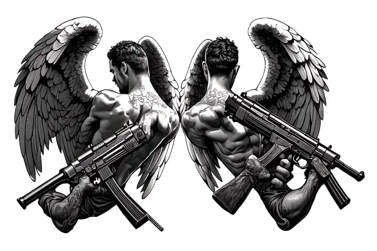 1999 Number 2 Angels Men Back To Back With Guns Tattoo Ak47