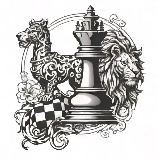 A Chess-inspired Tattoo Featuring A King Chess Piece And A Lion Intertwined In A Dynamic Composition
