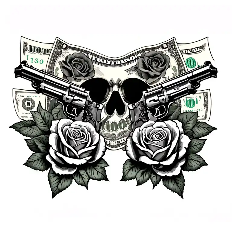 Throat Tattoo Featuring 100 Dollar Bills Forming The Shape With Roses And Banditas Holding Pistols