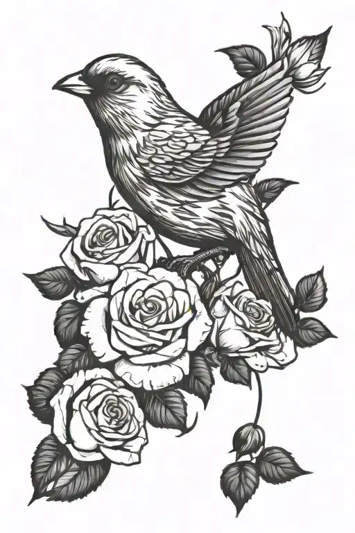 Flying Canary With Roses Growing Together