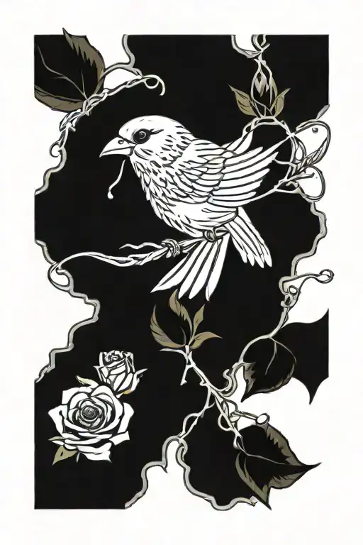 Flying Canary With Rose And Vines Growing