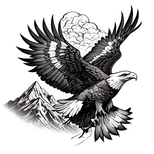 A Detailed Blackwork Tattoo Of A Majestic Eagle Soaring Over A Mountain Range