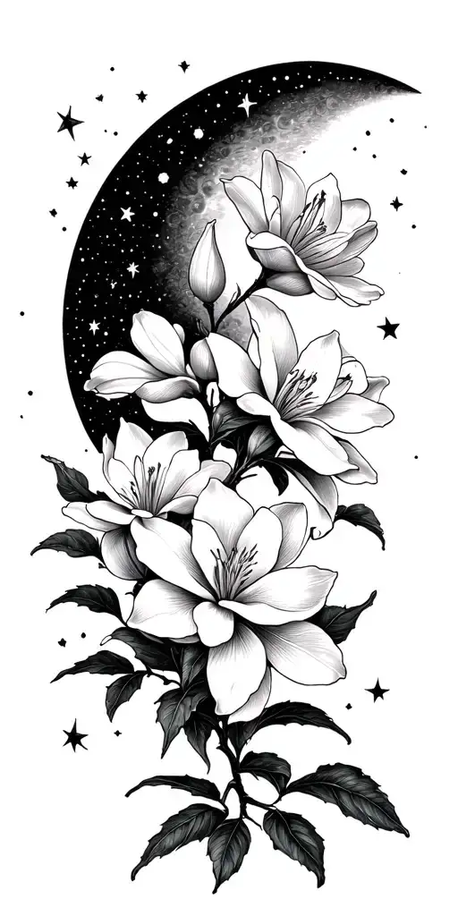 Lillys Magnolias Blooming On A Branch Cresent Moon Many Stars Light Shading