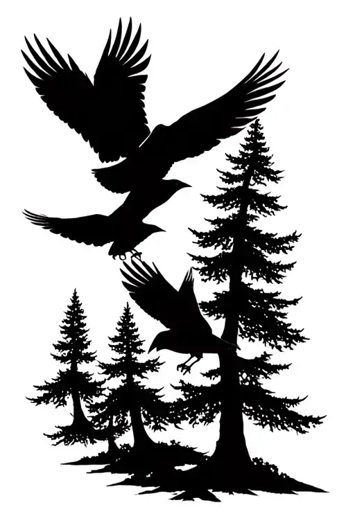 Several Crows Flying In The Forest With Cedars