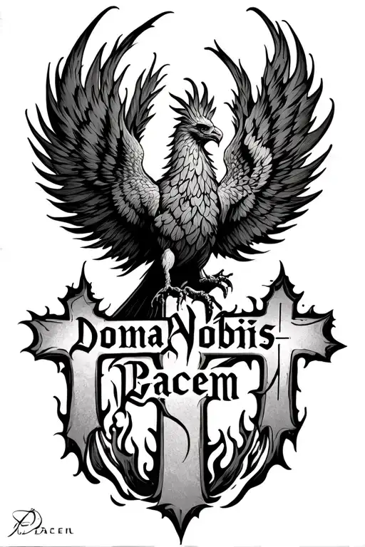 Phoenix Rising From Flames And Two Crosses And Words Dona Nobis Pacem In Gothic Letters