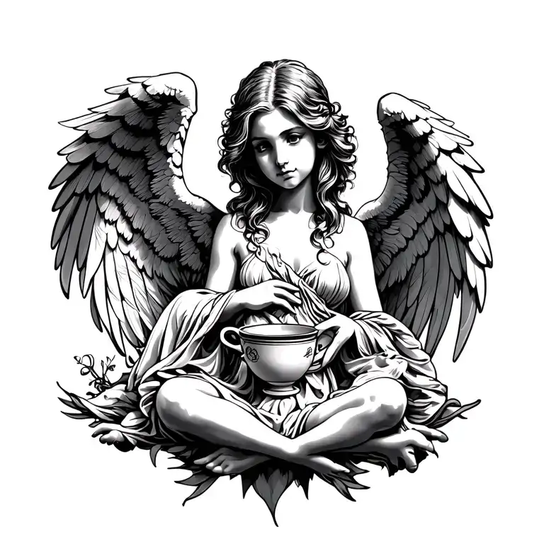 Fallen Angel With Wings And Automatic And Cup