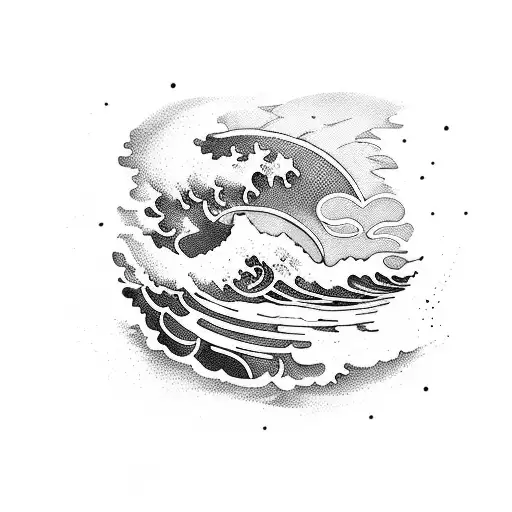 A Wave Breaking Over A Surfboard With A Tropical Island In The Background