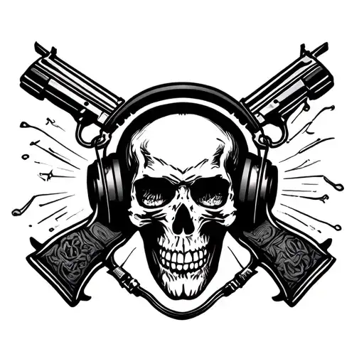 Gun And Skull Wearing Headphones
