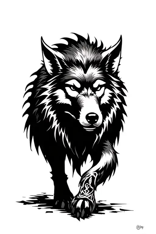 Fenrir Black Walking Towards Runes Above