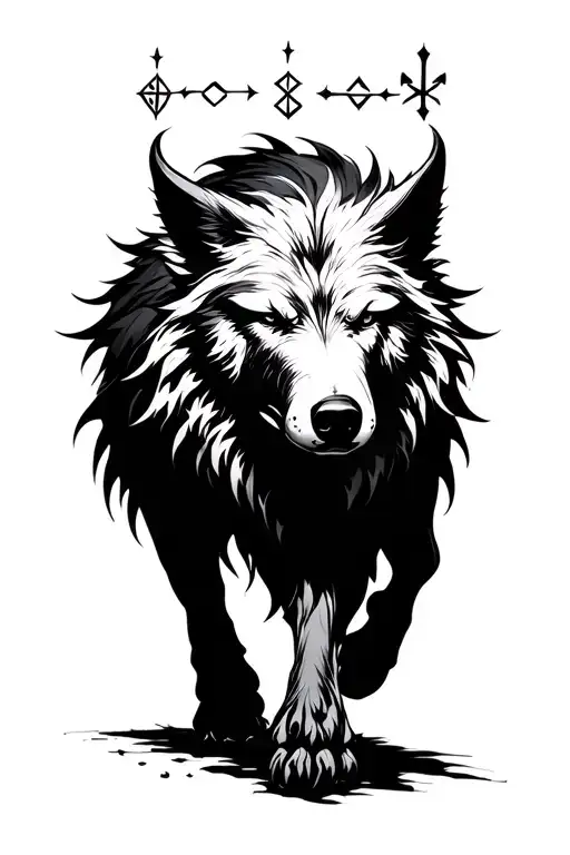 Fenrir Black Walking Towards Runes Above