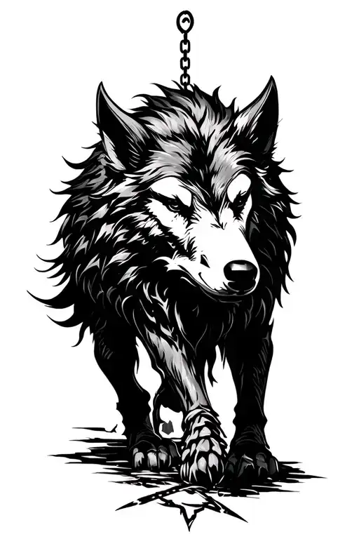 Fenrir Black Walking Towards Runes Above And Broken Chain