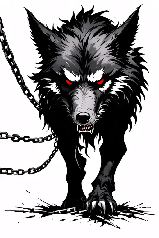 Angry Fenrir Glowing Red Eyes Black Walking Towards With Broken Chain