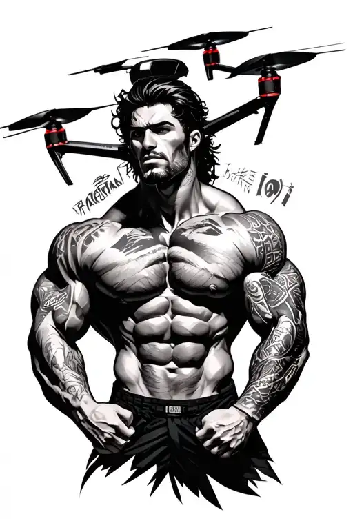 A Muscular Bodybuilder Flexing Their Muscles With A Sleek Drone Flying Around Them