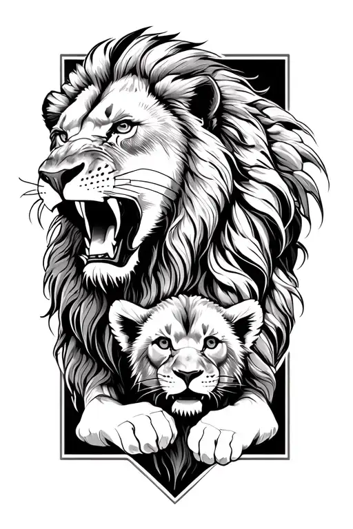 Roaring Lion Protecting Cub Lion