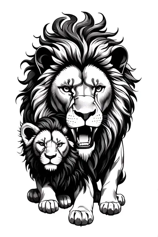 Roaring Lion Protecting Cub Lion