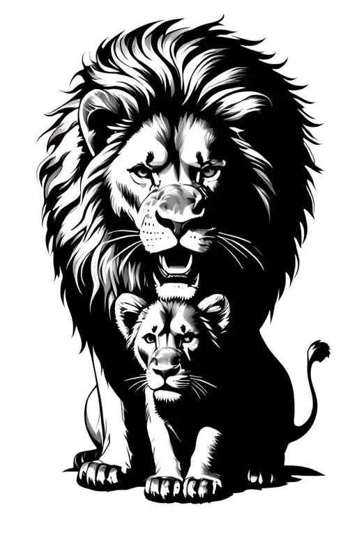 Roaring Lion Protecting Cub Lion
