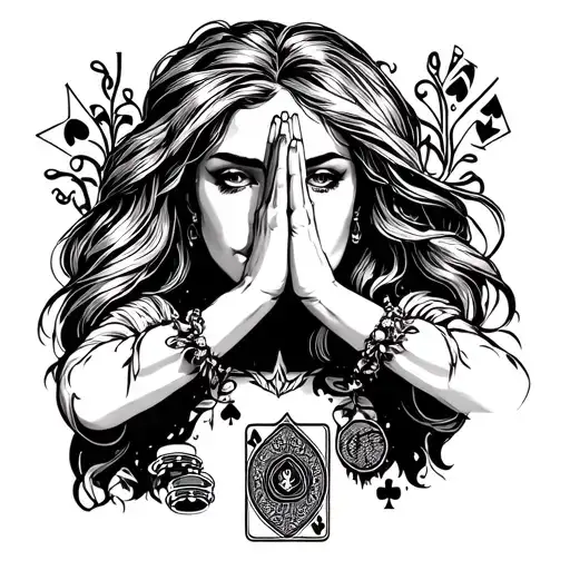 Woman's Face With And Hand Praying And Below Poker Table