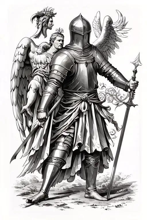 A Medieval Knight On Foot With A Guardian Angel Watching His Back