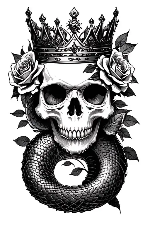 Snake Dragon Roses And Skull Wearing A Crown