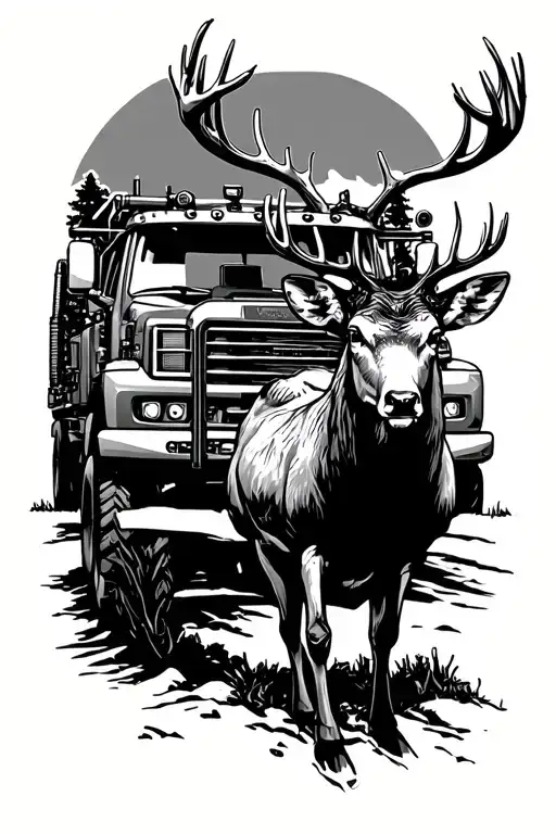 A Mechanical Deer Hunting Scene With A Diesel Truck In The Background