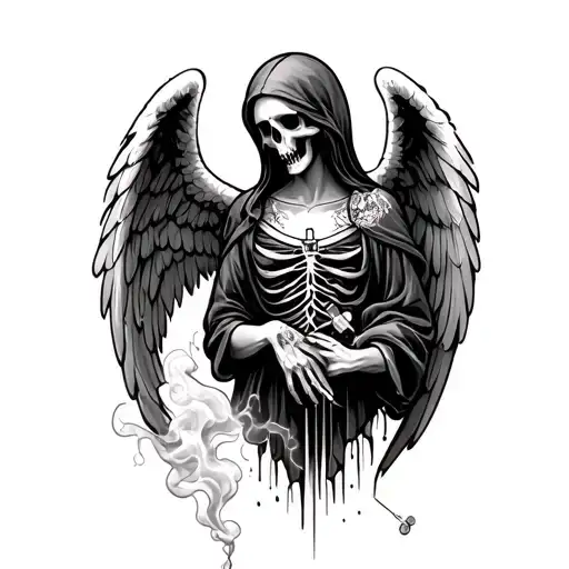 Angel Of Death Tattoo With Smoke And Drug Paraphernalia Emitting From It