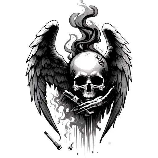 Angel Of Death Tattoo With Smoke And Drug Paraphernalia Emitting From It