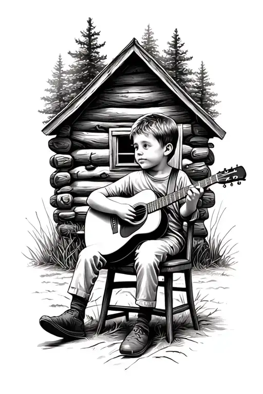 Little Boy Sitting In A Chair Holding A Guitar Looking At A Log Cabin