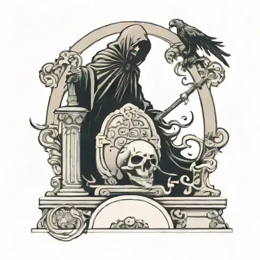 Grim Reaper Over Tomb Stone With Phoenix Rising Up From Behind