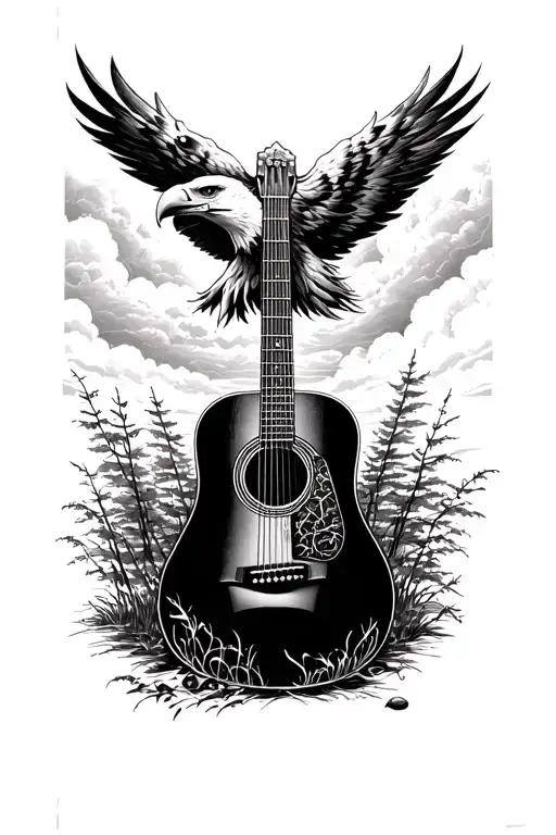Accoustic Guitar Surrounded By Nature Scene With A Washed Out Eagle Head In Sky
