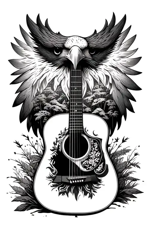 Accoustic Guitar Surrounded By Nature Scene With A Washed Out Eagle Head