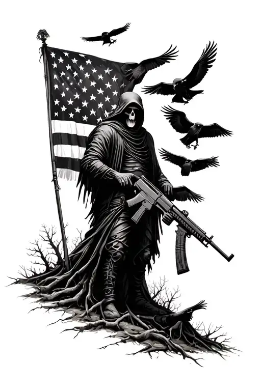 American Flag Reaper Holding Ar-15 In Gothic Forest With 6 Ravens