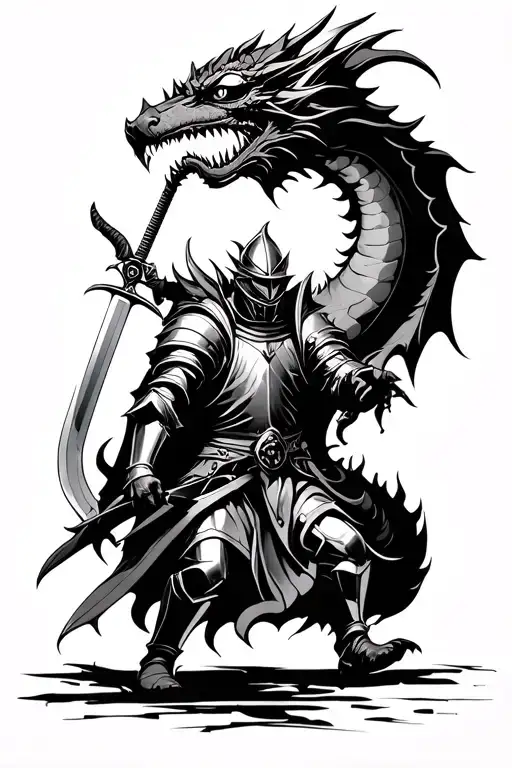 Knight Dragging A Sword Walking In Front Of Dragon