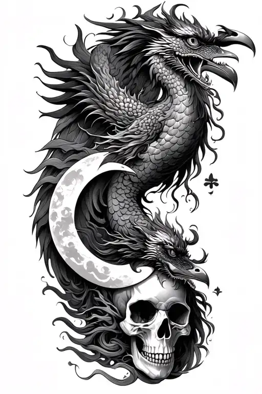 Chinese Dragon And Phoenix And Skull And Moon And Raven