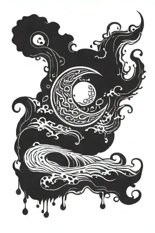 Cancer Sign With Cresent Moon And Water Waves