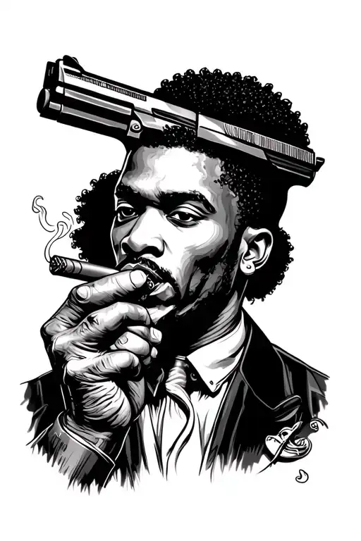 Afro Smoking Cigar With Pistol
