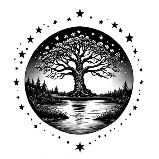 Rowan Tree Tatto With Stars Behind And River In Front