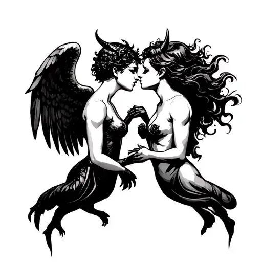 Angel And Devil Kissing Holding Eachotber