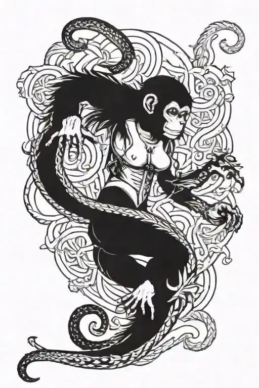 Small Warrior Monkey Fighting Lage Cobra Sea Serpent Lady