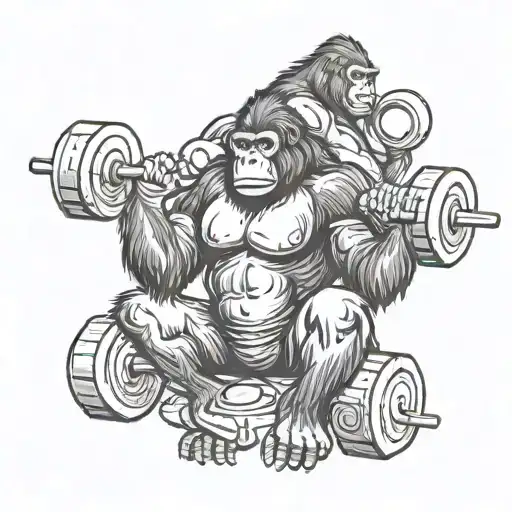 Gorilla Surrounded By Women Lifting Weights In A Blackwork Style