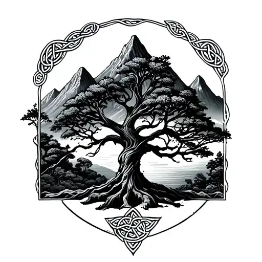 Celtic Rowan Tree With Mountains Behind It