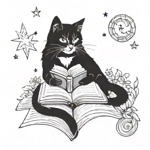 A Whimsical Scene Of A Cat Reading A Book Under A Starry Sky