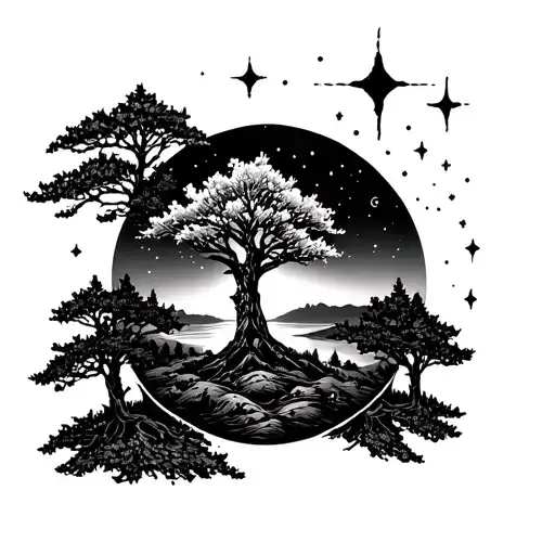 Rowan Tree With Wilderness Around It And Stars In The Sky