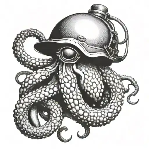 A Realistic Octopus Wrapping Its Tentacles Around A Military Helmet And A Fishing Net